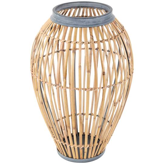 16" Brown Bamboo Handmade Open Frame Vase with Blue Metal Accents